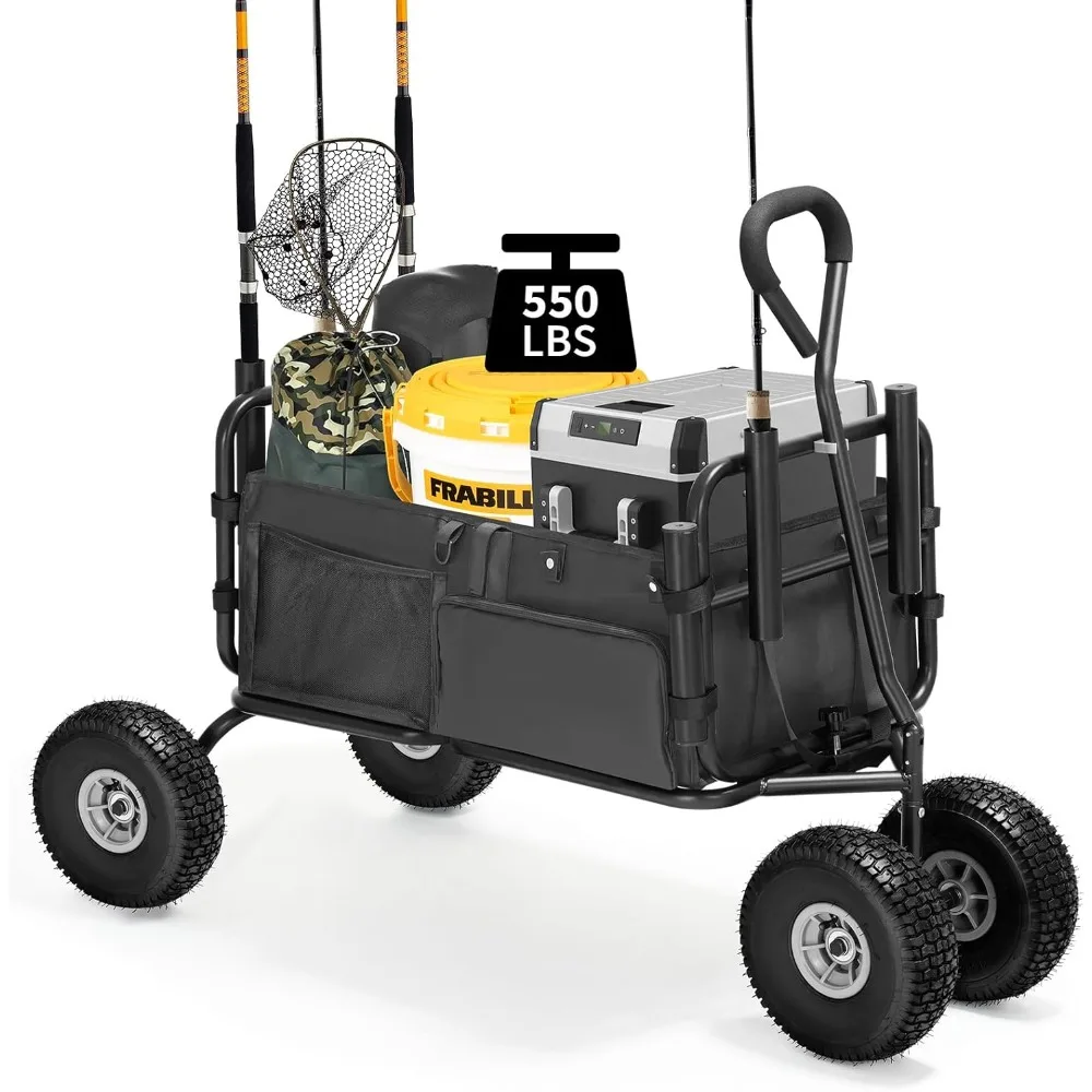 

fishing cart beach cart collapsible wagon with 11”all terrain big wheels,heavy-duty garden carts with 6 holders and storage pock