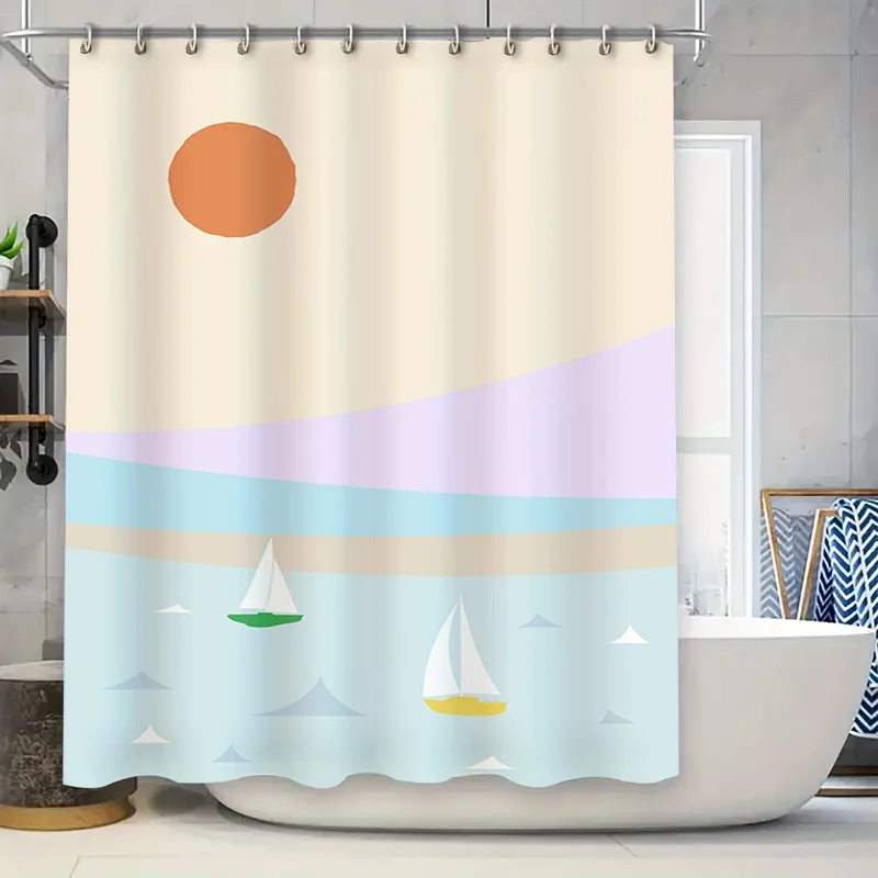 Vintage Sailboats Bath Curtain Pastel Soft Blue Green White Shower Window Privacy Drape Beach Decor Watercolor Modern Simple Des
