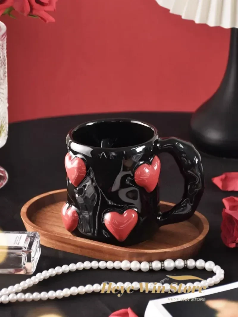 3D Heart-shaped Design Vintage Ceramic Mug, Cute Large Capacity, 3D Embossed Coffee Cup, Kitchen Drinkware Set
