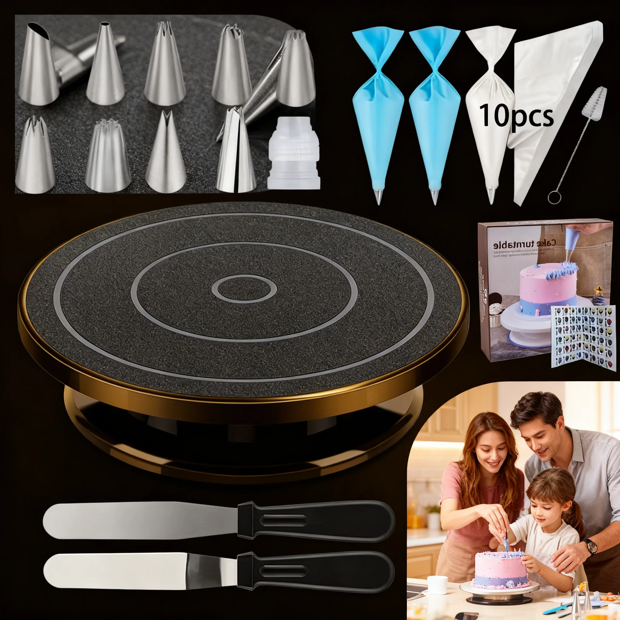 30 PCS Cake Decorating Kit with Turntable, Icing Piping Tips, Spatulas & Scrapers, Complete Baking Tools Set for Beginners,Black