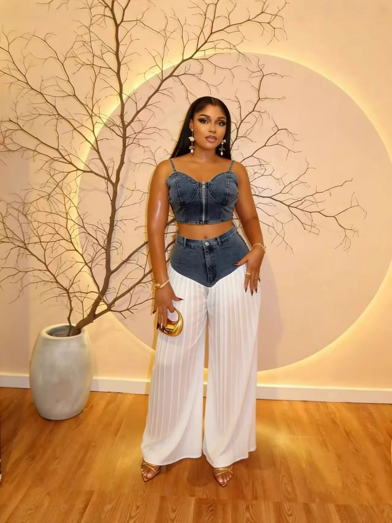 

Women 2 Piece Set Denim Spaghetti Strap Bustier Crop Top Patchwork Pleated Chiffon High Waist Wide Leg Pants Suit Casual Outfit