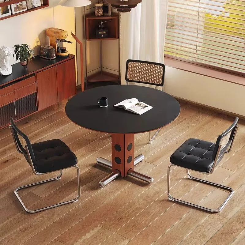 Retro Industrial Round Dining Table With Sintered Stone Top Solid Wood Pedestal Wood Modern Kitchen Dining Room Furniture