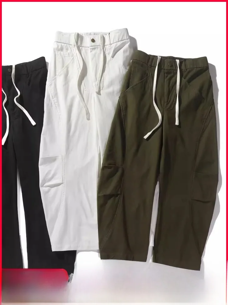 

Loose Fit Cotton Dstring Waist Casual Trousers Men's Straight Leg Pants Line Waed Pure Color Retro Sle