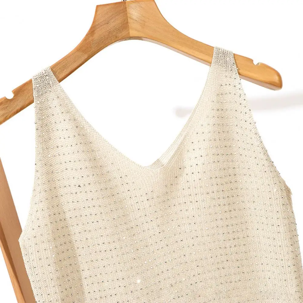 Solid Color T-shirt Women Vest V-Neck Sleeveless Hot Drilling Decor Tank Tops Solid Color Loose Fit Stretchy Shirt Daily Wear