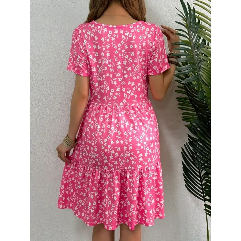 Simple Fashion Women's V-neck Dress Striped Print Women's Dress Summer Loose Comfortable Slit Women's Short-sleeved Dress