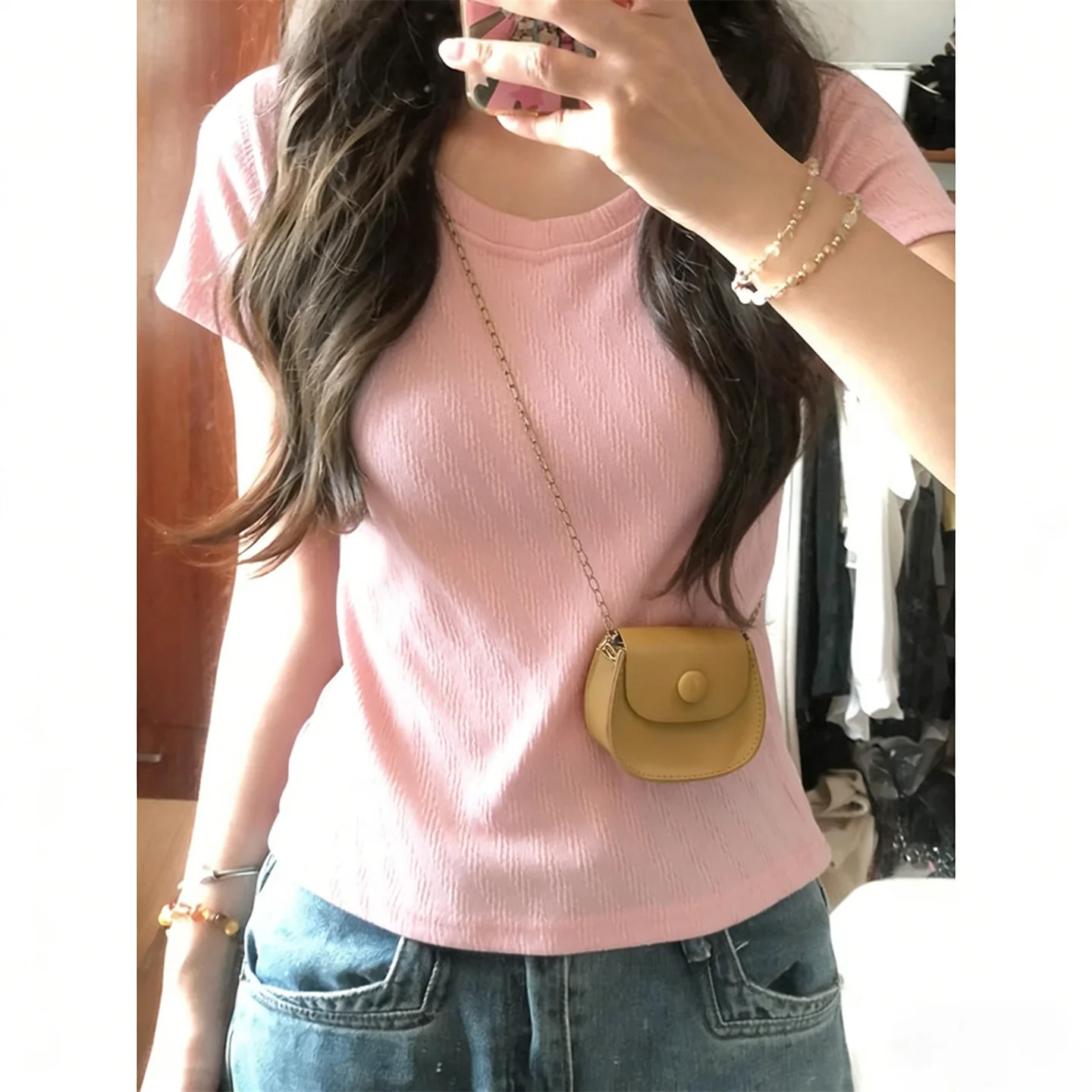 Short Sleeve T-Shirt Women's Slim Fit Korean Style Base Shirt Short Model Small Spicy Half Sleeve Top Commute Style Asymmetri...