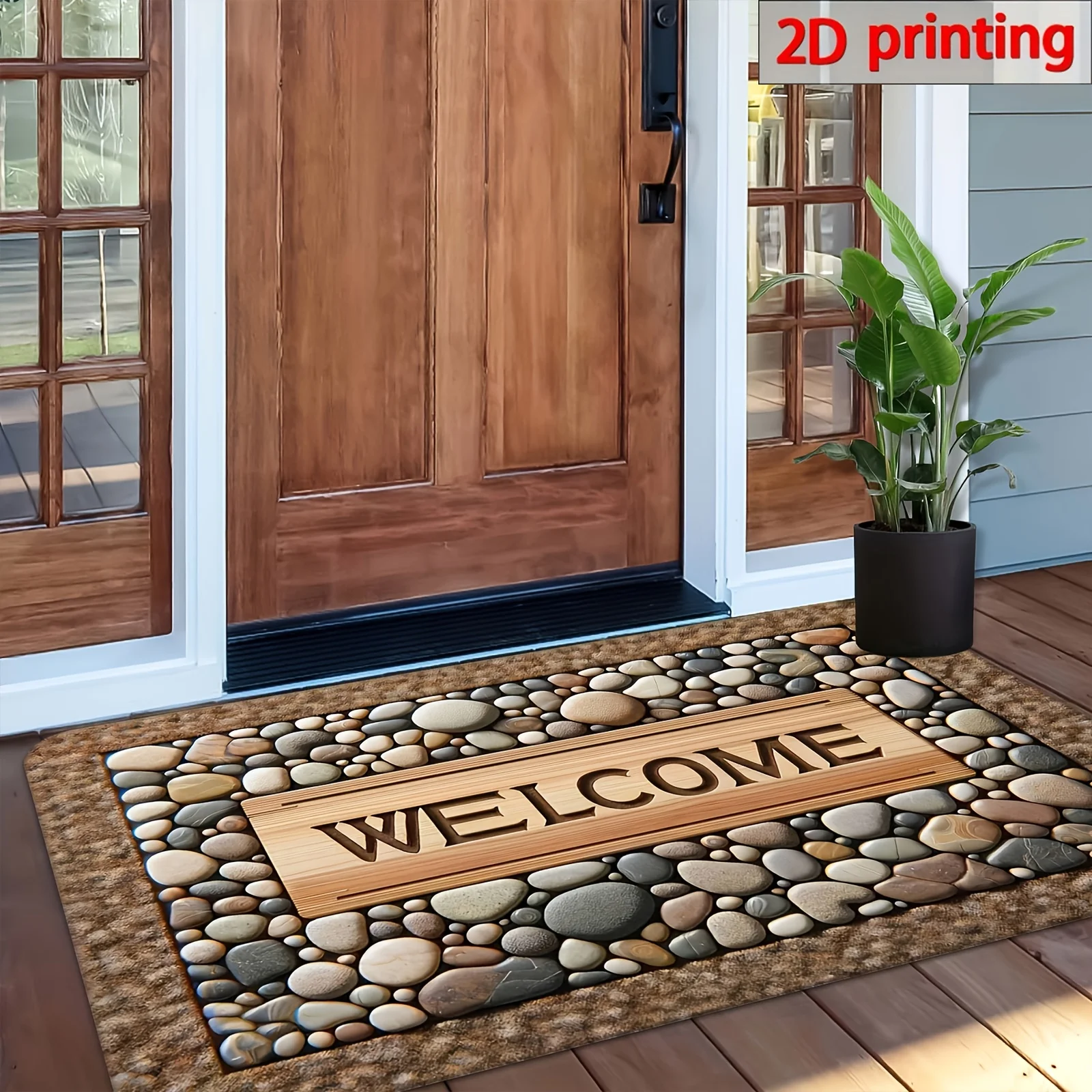 Pebble Stone Welcome Flannel Doormat Slip Resistant Natural Rock Look Floor Mat For Garage Entry Realtor Closing Gift