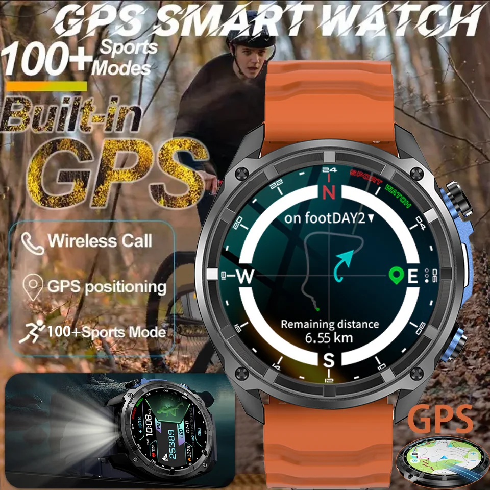 

2025 New Built-in GPS Offline Map Position Smart Watch Men With Flashlight Waterproof Heart Rate Sleep Military Sports Bracelets