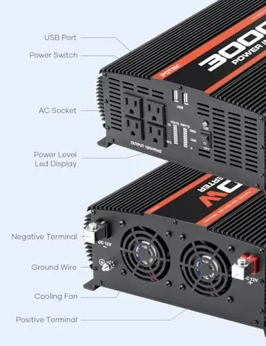 3000W Power Inverter 4 AC Outlets DC 12V to 110V AC Car Inverter with 2 USB Port Black