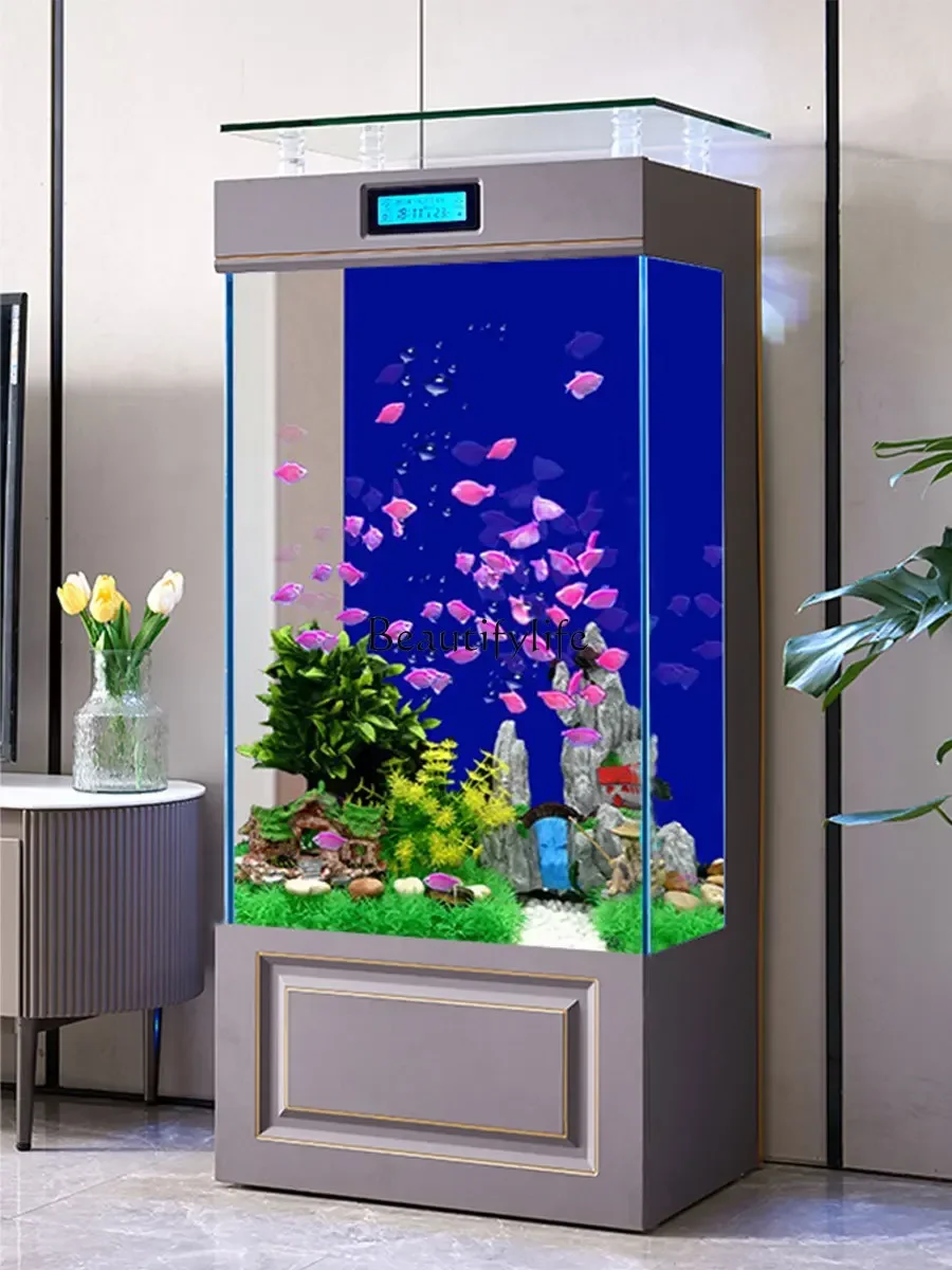 FGFGLiving room household against the wall medium and large ultra-white glass floor-to-ceiling water-free lazy aquarium arowana