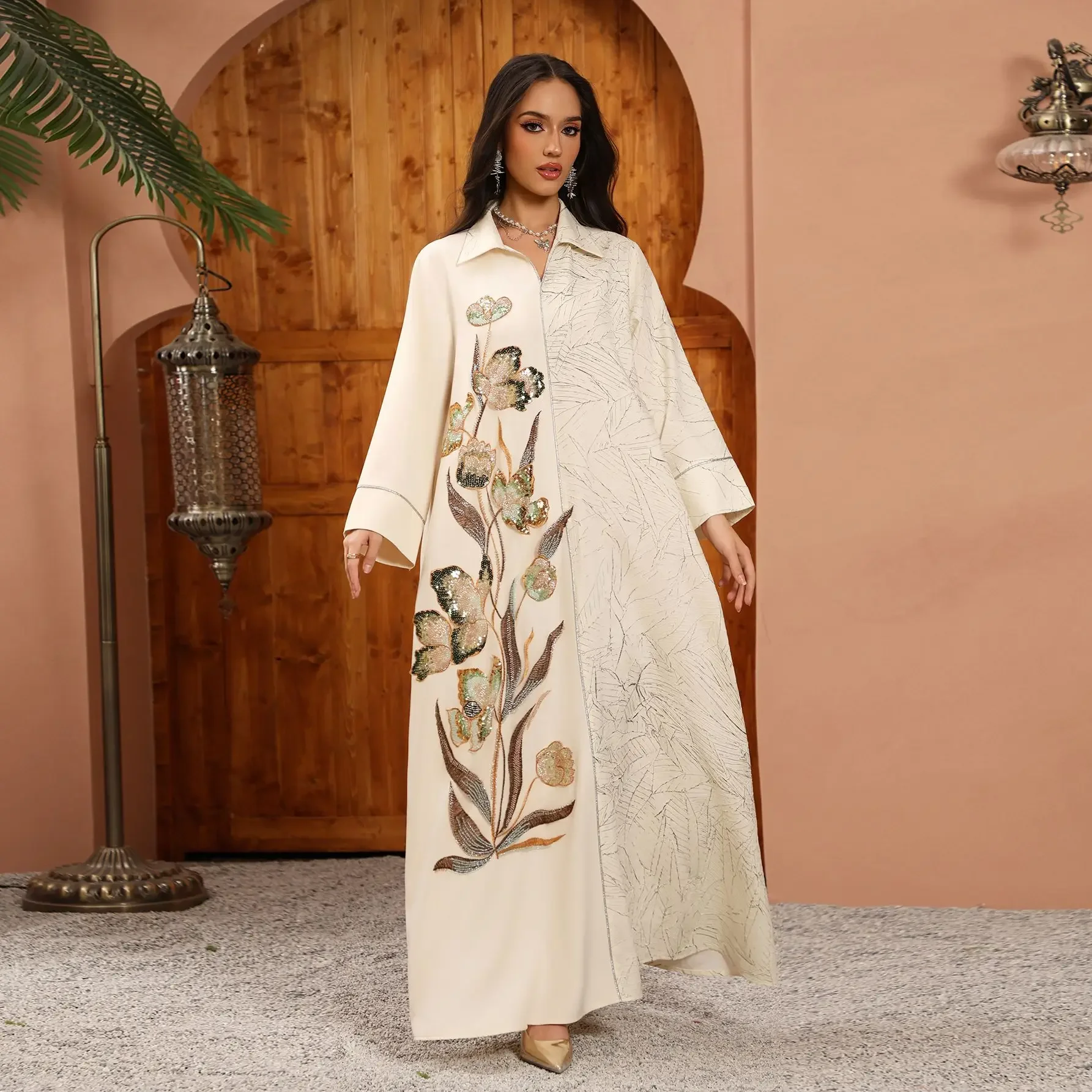 ชุดมุสลิมผ้าแจ็คการ์ดปักเลื่อมลายชาติพันธุ์ ชุดคลุมแบบดูไบ อบายา สำหรับรอมฎอน อีด เจลลาบะห์ เสื้อผ้าอิสลาม จาลลาบียะห์ คาฟตัน