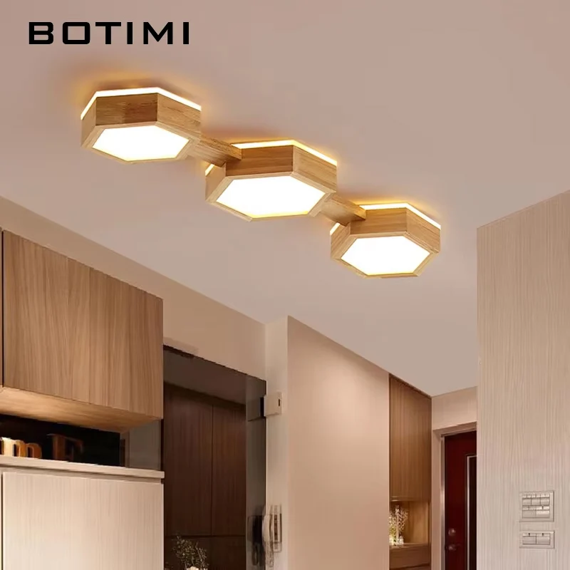 

BOTIMI Hexagon Designer LED Shining Solid Wood Ceiling Lights For Corridor Wooden Surface Mounted Bedroom Ceiling Lamps