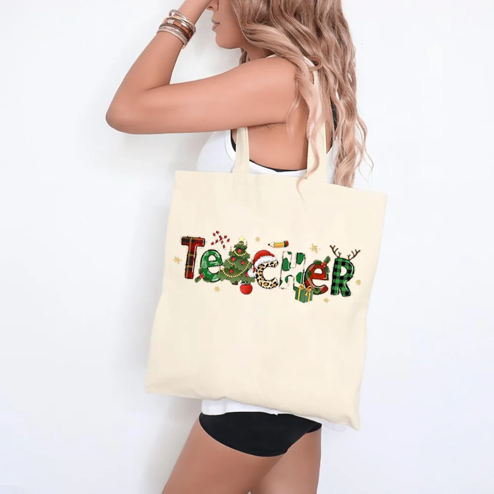 

Winter Christmas Happy Teacher Tote Bag Xmas Back To School Shoulder Bag Unique Christmas Presents New Year Festive Mood Santa