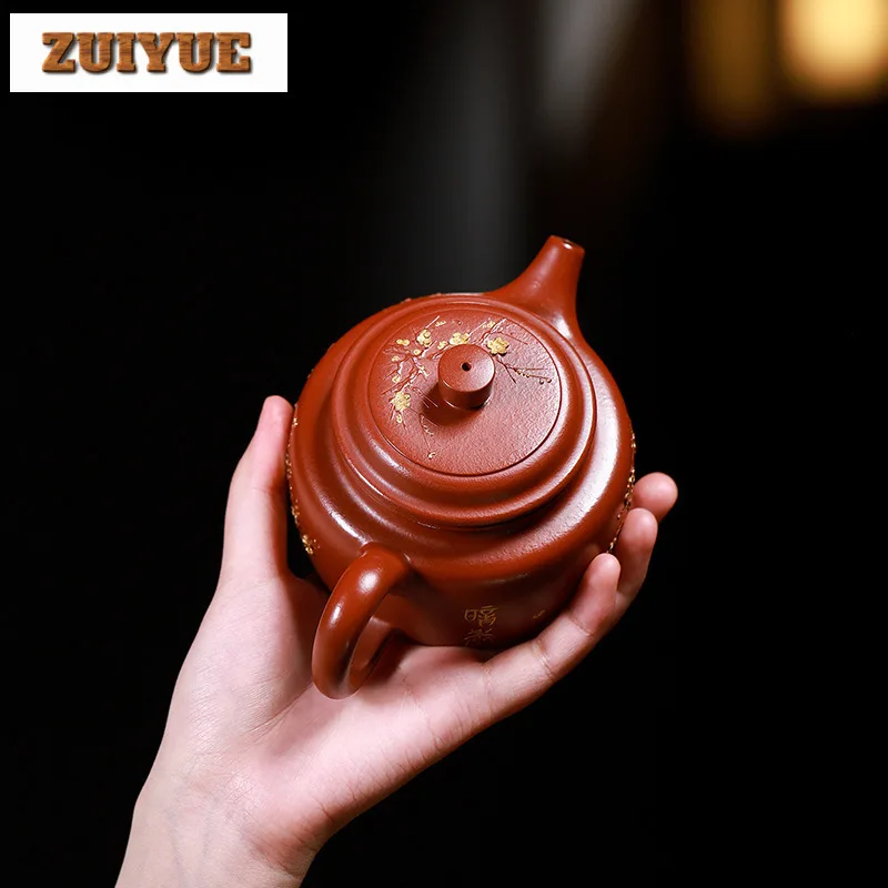 270ml Yixing Purple Clay Teapots Handmade Gold Tracing Plum Blossom Pot Raw Ore Dahongpao Mud Tea Maker Kettle Zisha Teaset Gift