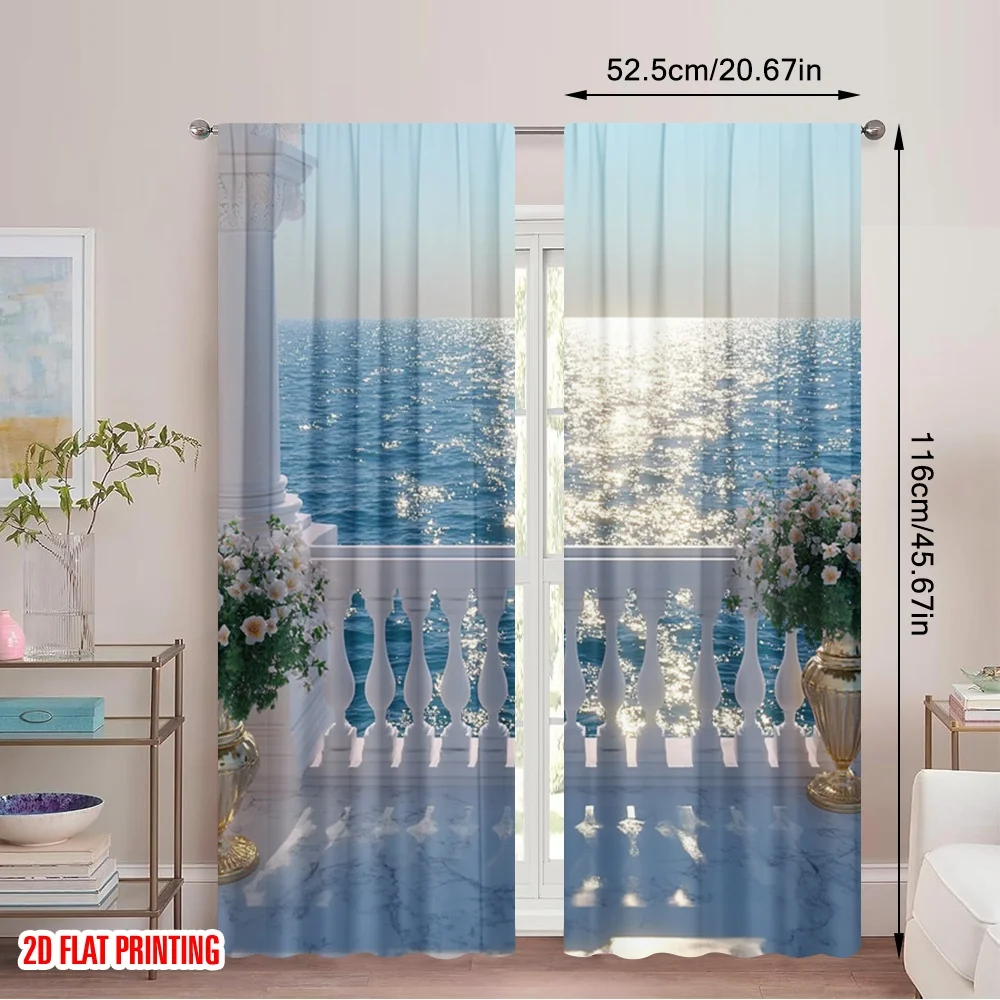 2pcs 2D flat printing Curtains Blue Ocean Fabric Without Electricity Seasonal Party & Holiday Decor Perfect for Holiday Family