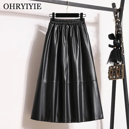 OHRYIYIE 블랙 롱 빈티지 인조 가죽 스커트, 가을 겨울 패션, A 라인 스커트, 우아한 PU 스커트, 라지 사이즈 4XL