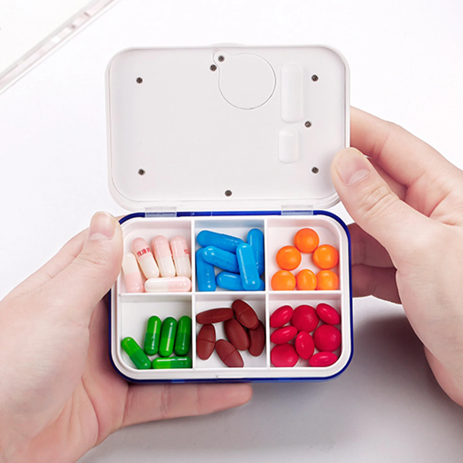 Pill Organizer Portable Mini Pill Box Timed Reminders 6 Compartments Electronic Reminder Pill Box with Timer Five-Group Alarm