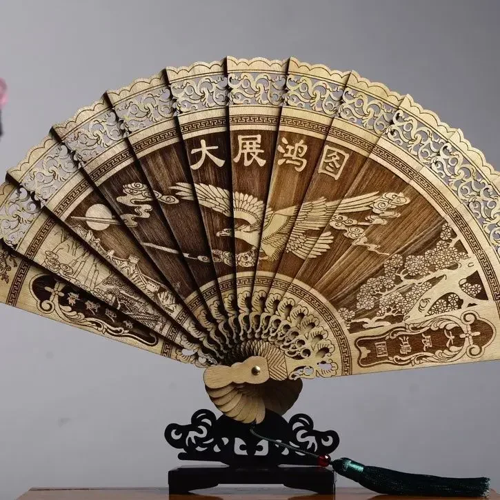 Golden Nanmu Creative Folding Fan Hollow Carving Classical Chinese Style Tassel Decoration Handicraft Ornaments