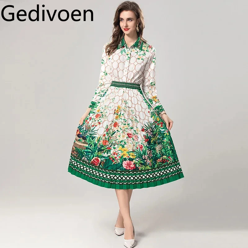 Gedivoen Autumn and Winter Women's Suit Turn-Down Collar Crystal Border Single-Breasted Tops+Casual Pleated Skirt 2 piece set