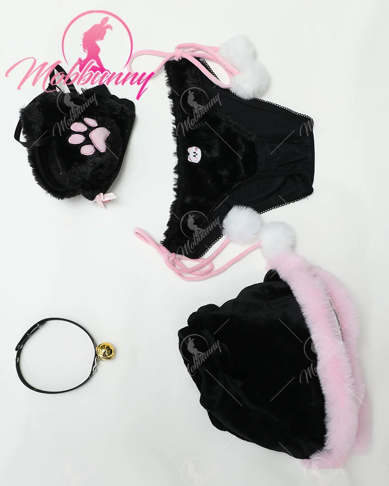 Mobbunny Women\'s Kawaii Homewear Sexy Lingerie Set Plush Cat Paw Three-Point Top and Panty with Skirt Choker