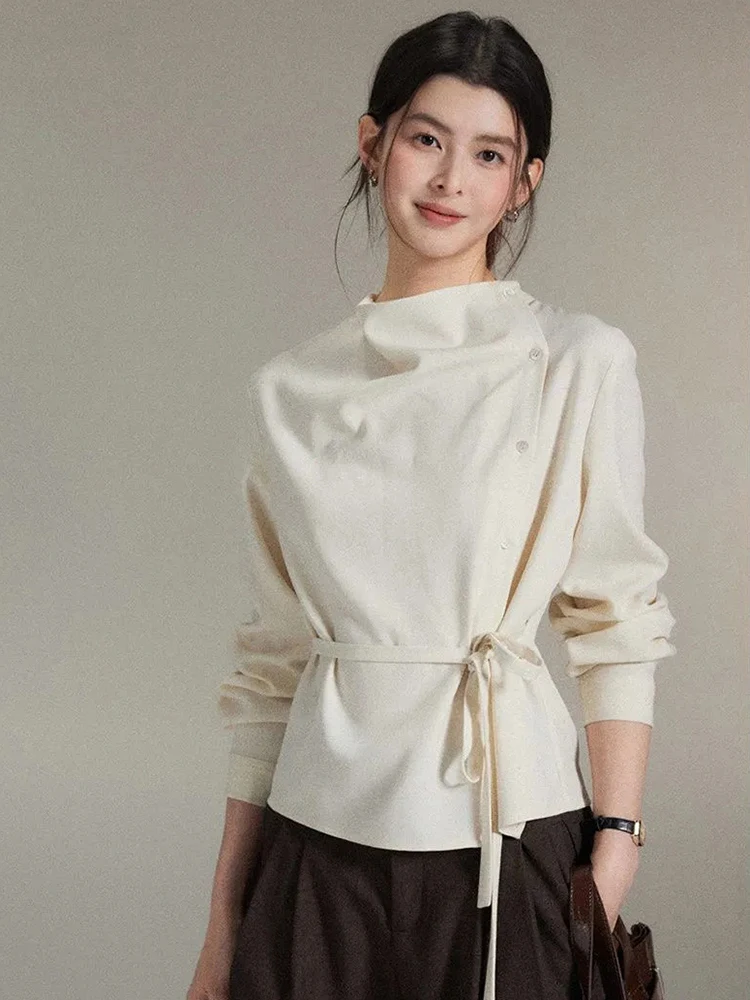 

Французские шикарные бандажные рубашки женские осень-зима с круглым вырезом абрикосовая офисная женская блузка с длинным рукавом на пуговицах элегантные облегающие простые топы