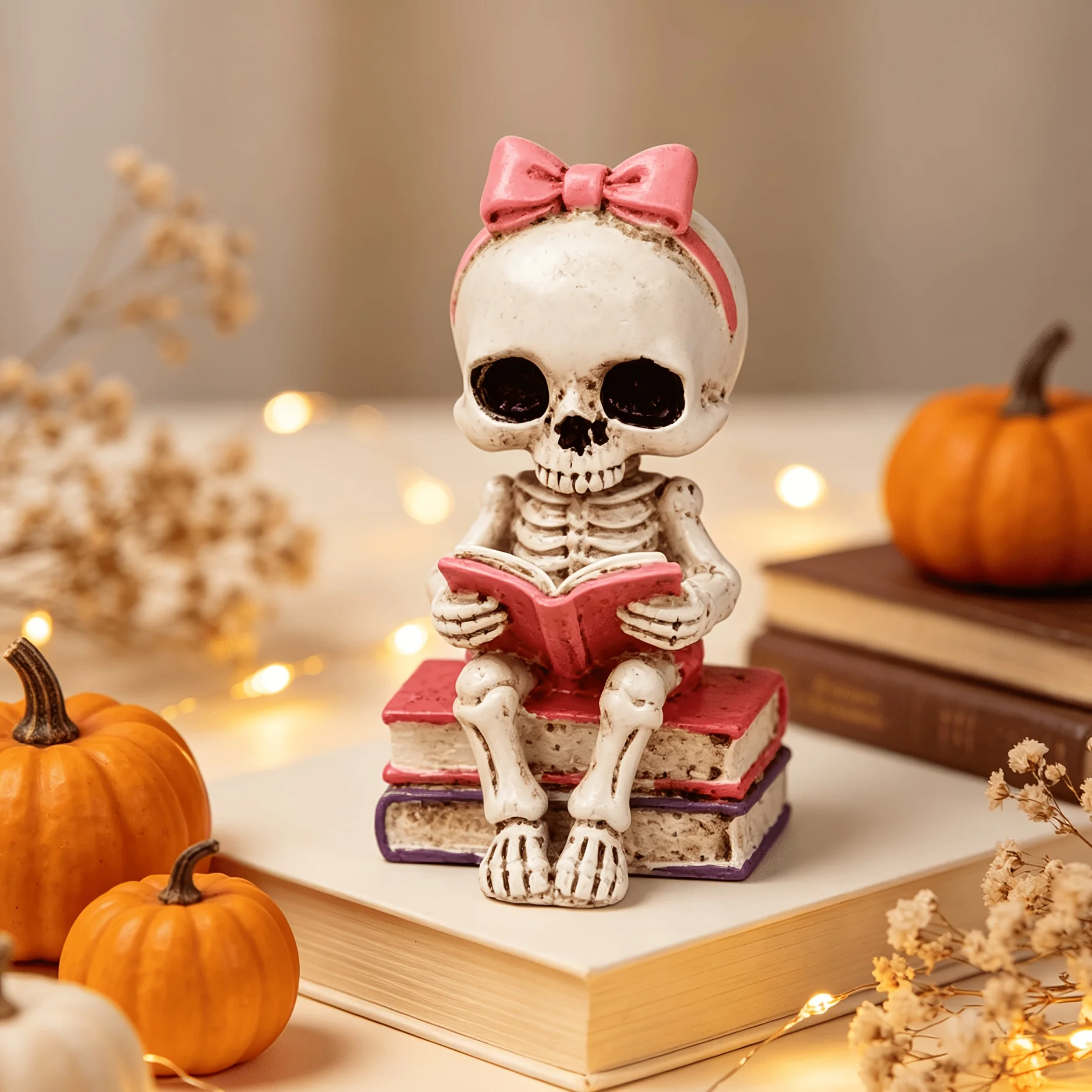 1 Piece Pink Bow-Knot Skeleton Statue Sitting on a Book, Reading Decoration, Vintage Skeleton Reading Ornament, Sweet Dark Style Desktop Decoration, Suitable for Desk, Bookshelf, and Window Display, Halloween, Autumn H