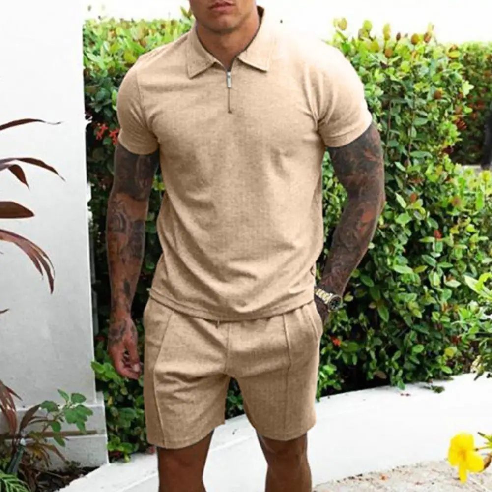 Two Piece Shorts Men Solid Color Sports Suit Pockets Turn-down Collar T-shirt Shorts Outfits Loose Casual Tracksuits