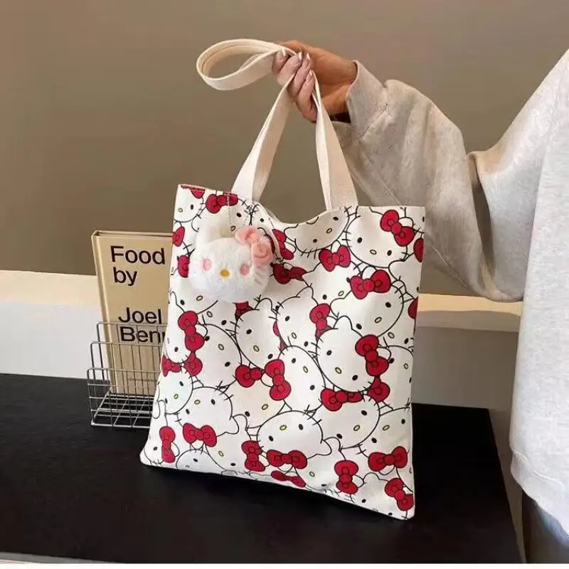 Sanrios Hello Kittys New Cartoon Tote Bag Cute Versatile Large Capacity Book Loading Student Book Loading Commuting Canvas Bag