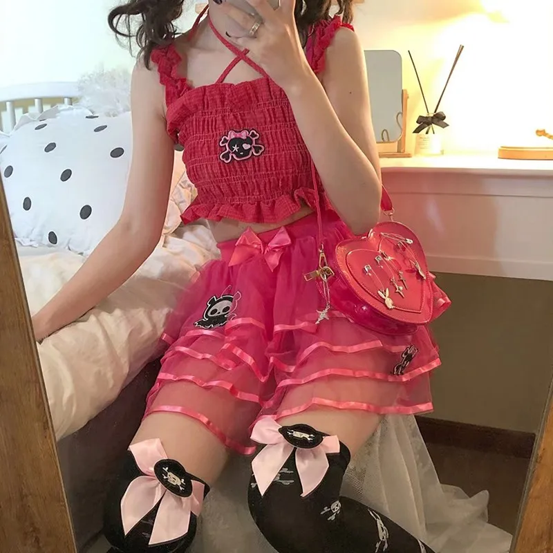 Karrram-minifaldas de pastel de Lolita para niñas, faldas góticas japonesas Harajuku, dulce vestido de baile negro Kawaii, faldas cortas de encaje de tul Jk