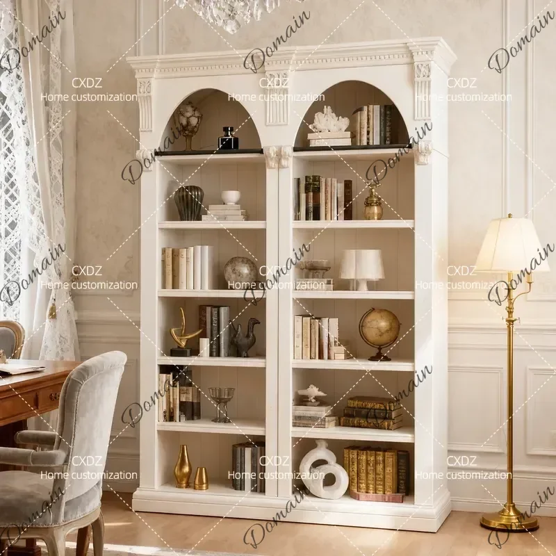 American Retro Arched Bookcase Solid Wood Carving Neoclassical Display Cabinet with Ladder Bookshelf Combination Customizable