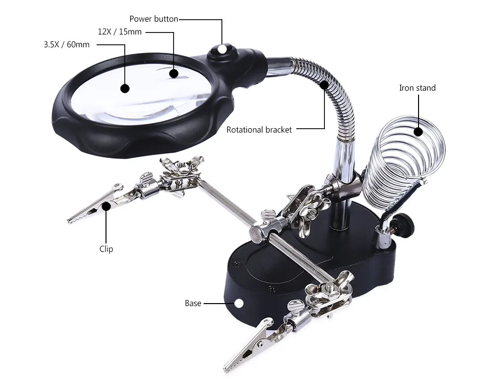 3.5x-12x Desk Magnifier LED Illuminated Magnifying Glass And Loupe Hand Iron Stand Soldering Motherboard Repair Tool