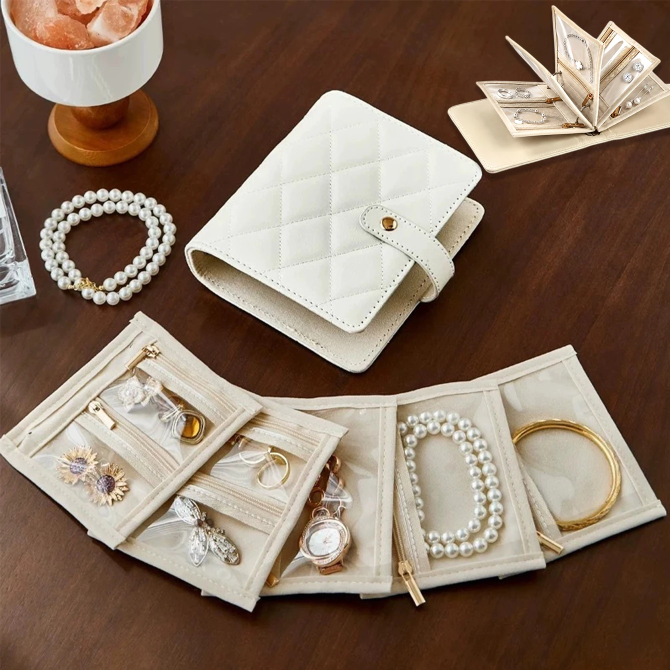 Travel Jewellery Case, Loose-Leaf with Clear Velvet Pouches, Keeps Chains Separate, Separate Zip Compartments, Necklaces