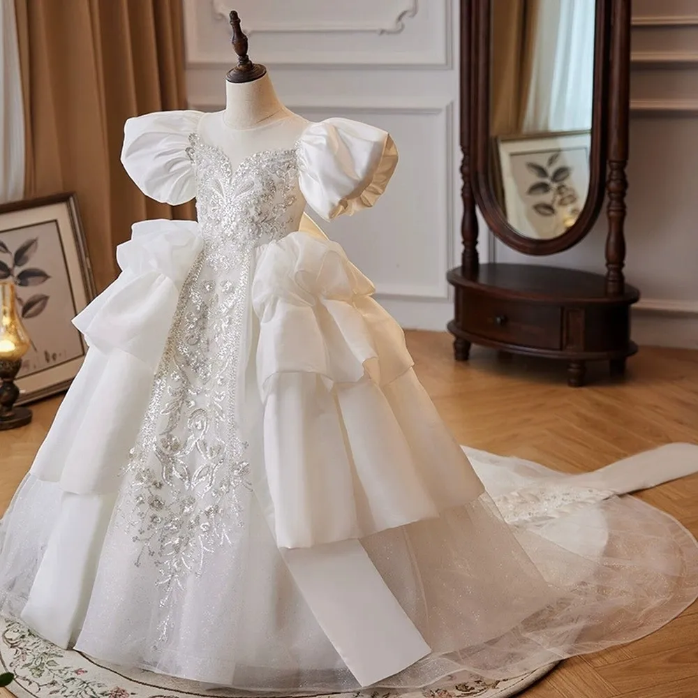New White Princess Special Occasion Flower Girl Dress Wedding Pary Prom Perform Birthday Baby Child Kid Pageant Gown