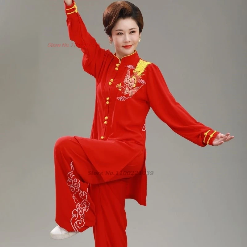 

2024 chinese vintage tai chi performance tops+pants set martial arts tai chi phoenix embroidery uniform team performance set