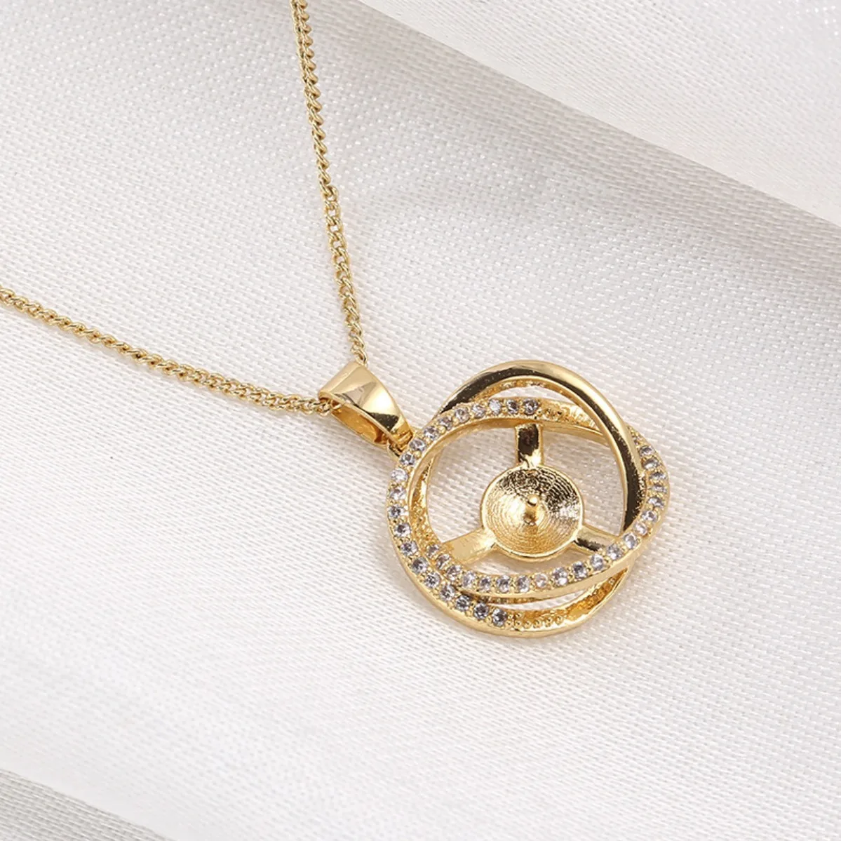 Bird Nest Round Half Inlaid Zircon Pearl Pendant Blank Setting, Brass 14K Gold Plated Tarnish Resistant DIY Findings