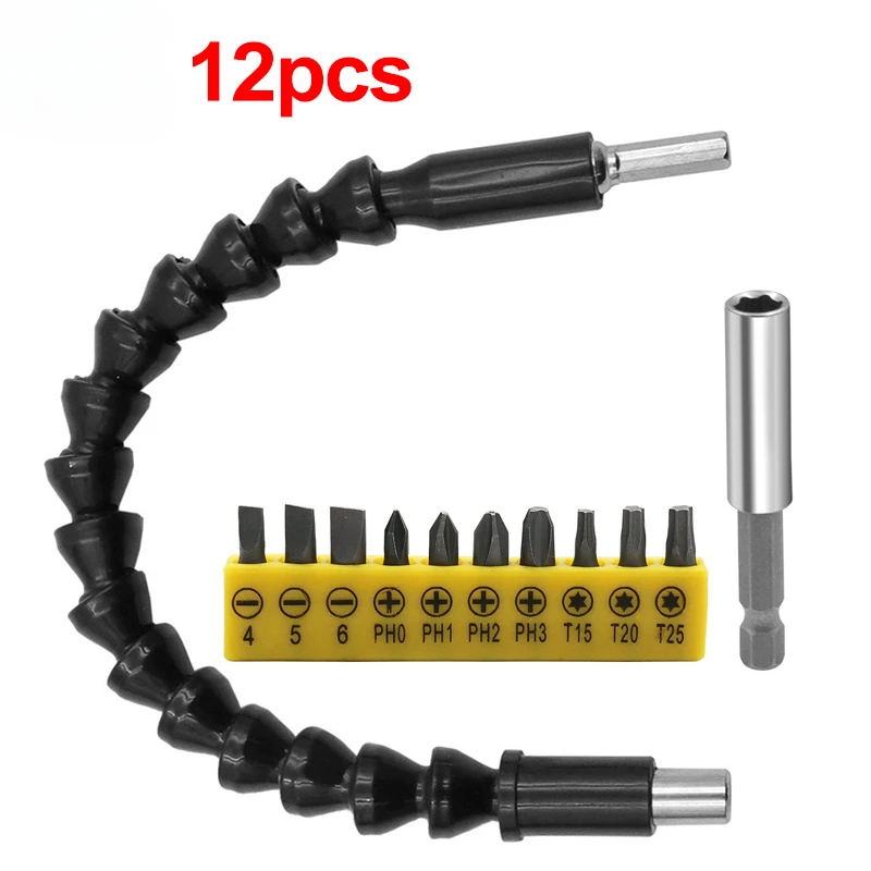 295mm Flexible Link for Electric Drill Connection Shaft Bits Extention 6.35mm+11pcs Screwdriver Sleeve