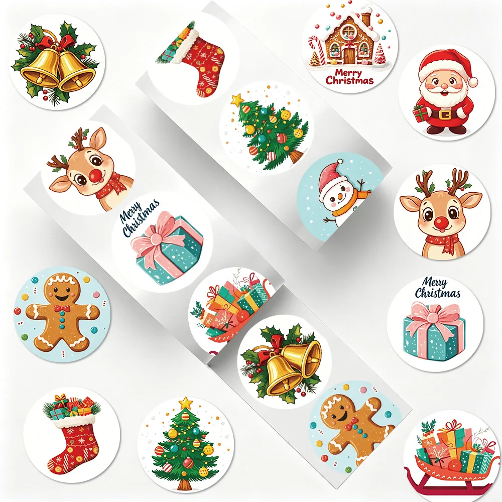 500PCS/Roll Christmas Stickers, Round Self-Adhesive Sealing Labels for Gift Boxes Bags, Xmas Party Favors DIY Decor