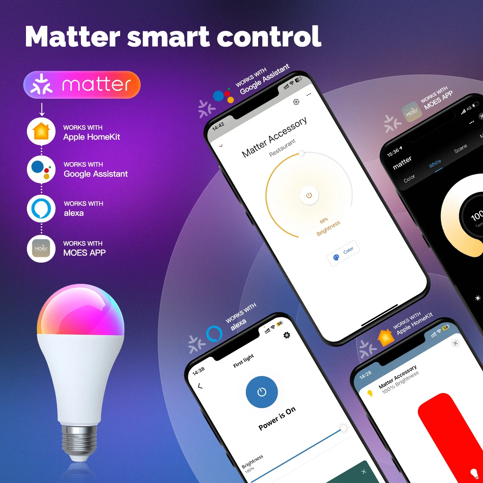 MOES Tuya MATTER WIFI لمبة LED ذكية قابلة للتعتيم 14 وات RGB C+W E27 لون متغير 2700K-6500K التحكم في التطبيقات الذكية مع Alexa Google