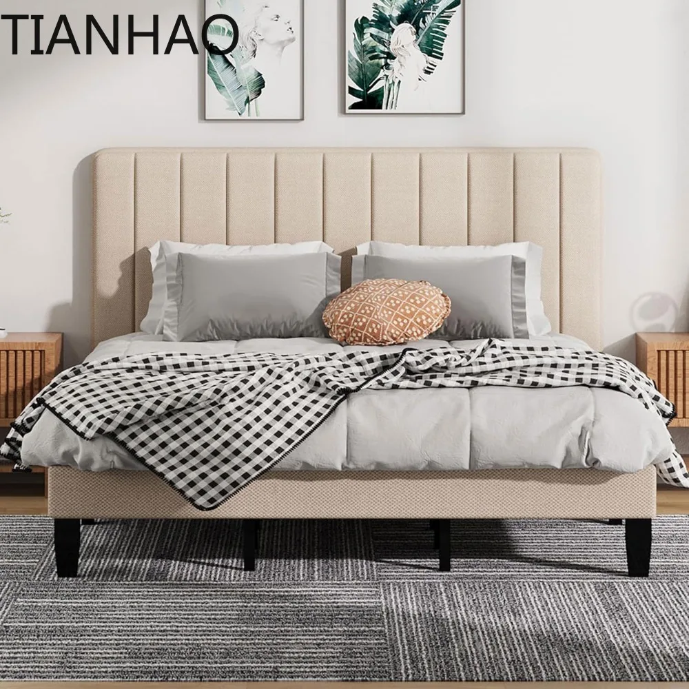 King Size Bed Frame with with Fabric Upholstered Platform Bed and Wooden Slats Support, Adjustable Height Headboard