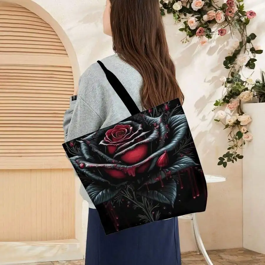 

Gothic Black Rose Drip Tote Bag Unisex Shoulder Bag Emo Punk Grunge Style