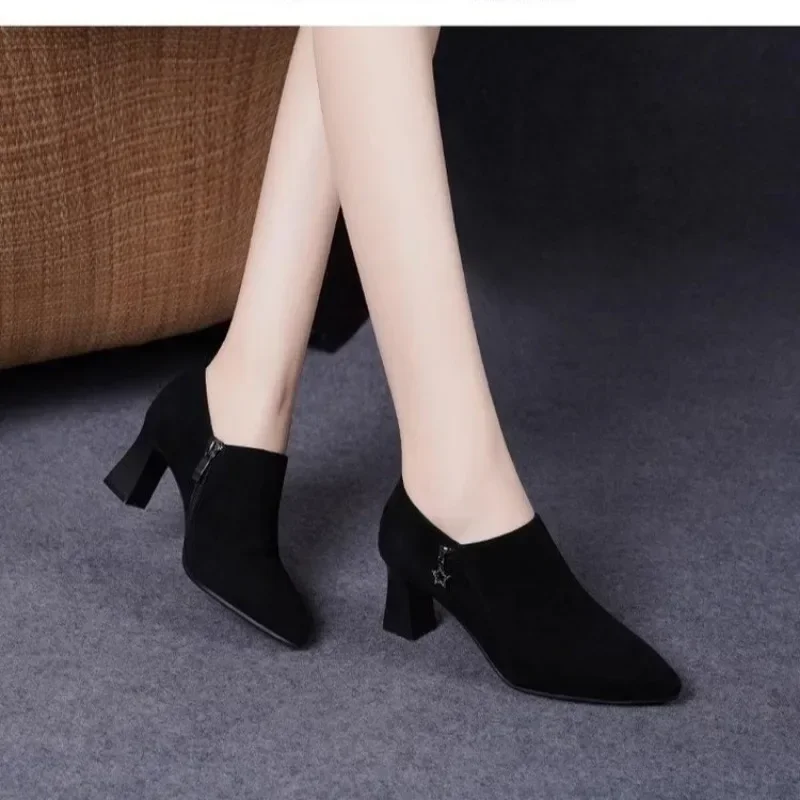 2024 Fashion Shoes Female Side Zip Women's High Heels Hot Sale Office & Career Pumps Women Pointed Toe Chunky Heels Shoes Women