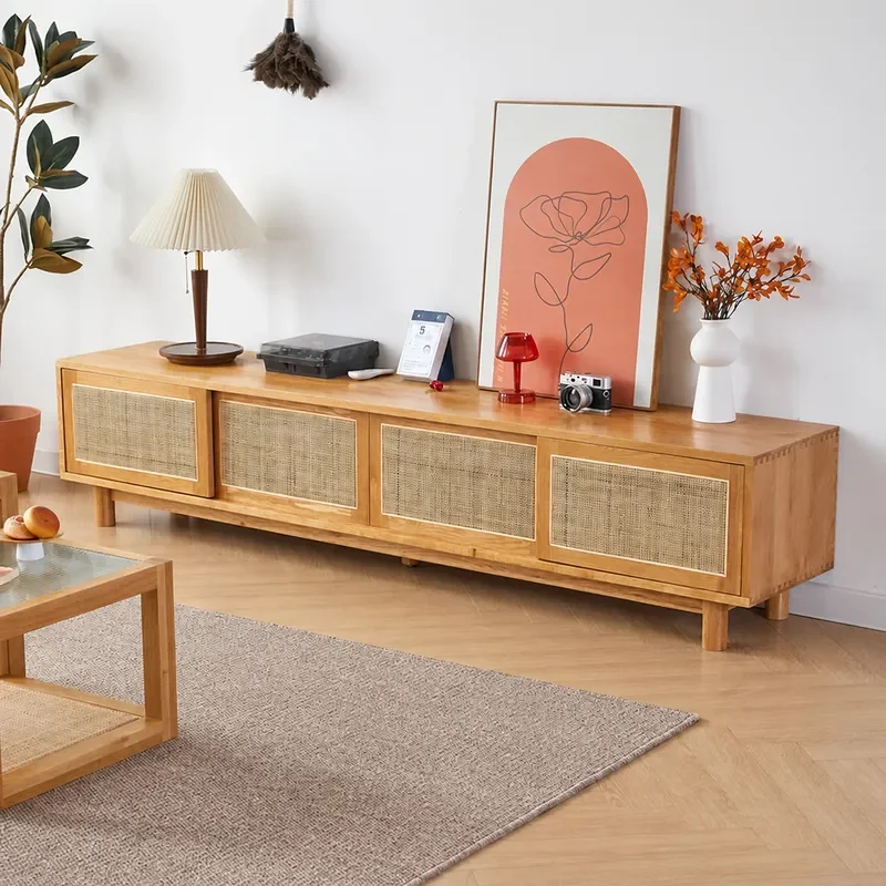 Solid Wood Black Walnut TV Cabinet Modern Cherry Oak Retro Rattan Sliding Door Audio Visual Storage Console Furniture