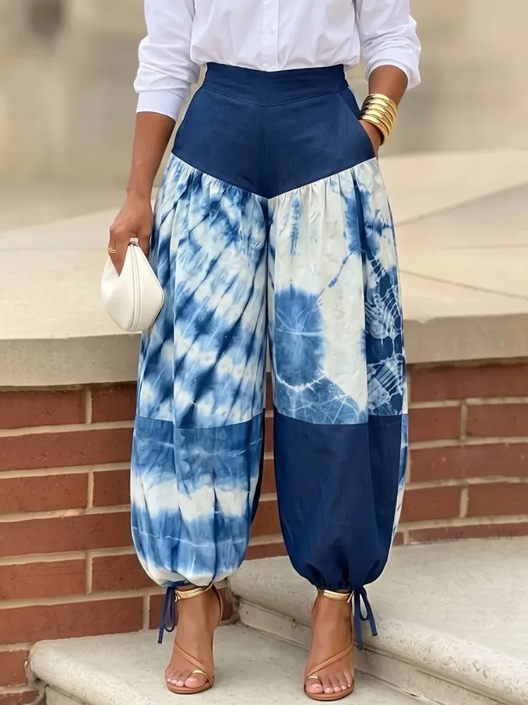 UOOZEE Women Contrast Color Printed High Waist Patchwork Harem Pants Loose Drawstring Ankle-Tied Casual Balloon Trousers view 3