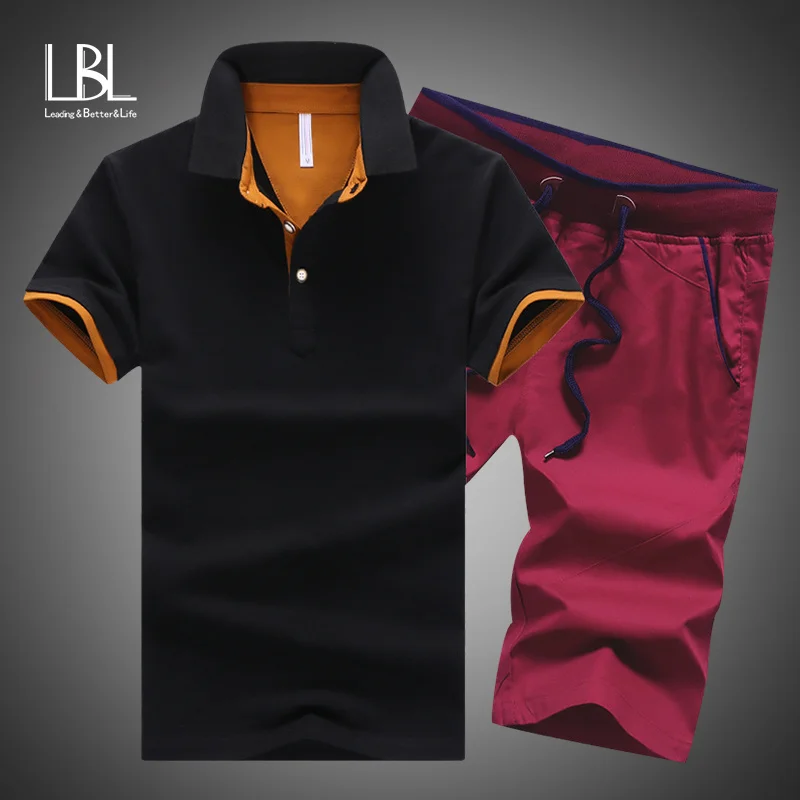 

Mens Polo Shorts Sets Summer Cotton Button Polo Shirts Sets Mens Shorts Clothes 2 Piece Set Tracksuit Elastic Waist Shorts