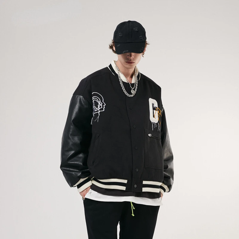 Hip Hop Baseball Jackets Men Embroidered Letters PU Leather Sleeve Splicing Varsity Jacket Women Oversize Thick Coat Winter Fall