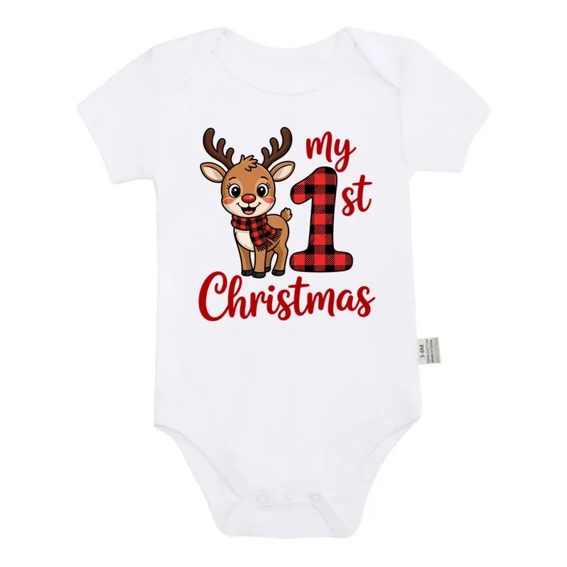 My 1st Christmas Reindeer White Short Sleeve Jumpsuit Fashion Toddler Boy Girl Infant Outfit Clothes Cute 1st Print Xmas Gifts