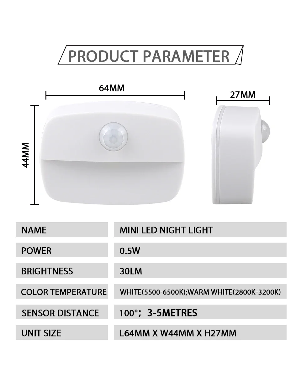 Stick on PIR Motion Sensor LED Night Light Battery Operated Nightlight for Bathroom Hallway Stairs Closet Cabinet Bedroom Decor