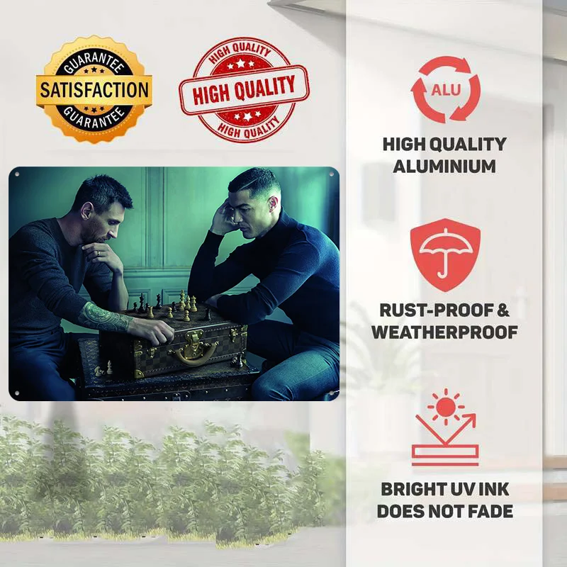 Messi and Ronaldo Chess Match Personalized 3D Textured Metal Poster Wall Art Tinplate Sign for Room Decorating Interior House