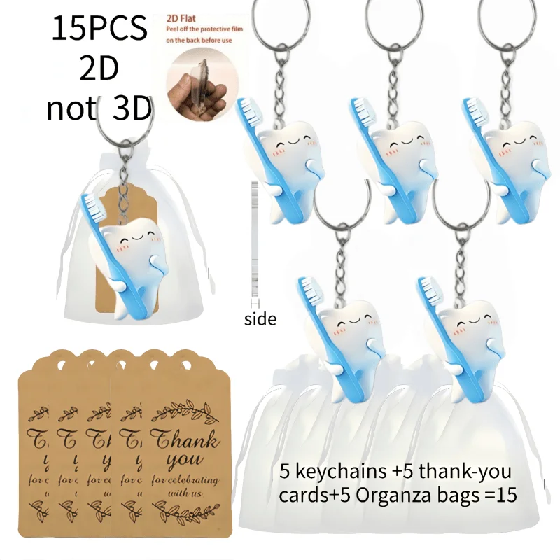 5sets Cute Teeth Keychain Including 2D Acrylic Pendant & Thank You Cards & Gift Yarn Bags Decorations Creative Party Ornaments