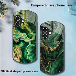 Green Marble For Apple IPhone 16 11 13 15 14 Pro Max 12 Mini 7 8 Plus XR X XS Elliptical Shaped Tempered Glass Phone Case